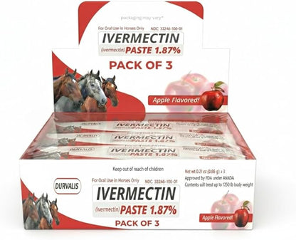 Ivermectin Horse Paste 1.87% Dewormer 6.08g Dose-Effective Appled Flavored Ivermectin Paste for Equine Care,Horse Deworming Paste -for Horses Up to 1250 lb (3 Pack)