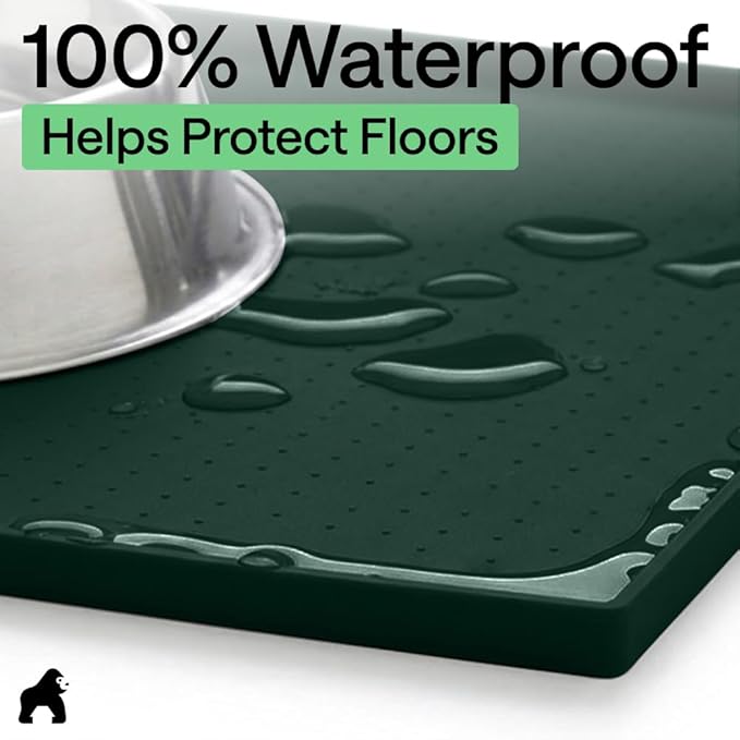 GORILLA GRIP 100% Waterproof Raised Edge BPA Free Silicone Pet Feeding Mat, Dog Cat Food Mats Contain Spills Protects Floors, Placemats for Cats and Dogs Water Bowl, Pets Accessories 18.5x11.5 Green