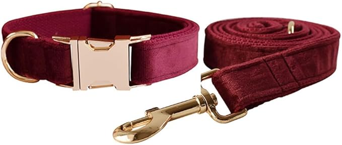 Love Dream Velvet Dog Collar and Leash Set, Soft & Comfy Adjustable Dog Leash and Collar with Heavy Duty Metal Buckle for Small Medium Large Dogs Training & Walking (Small, Wine Red)