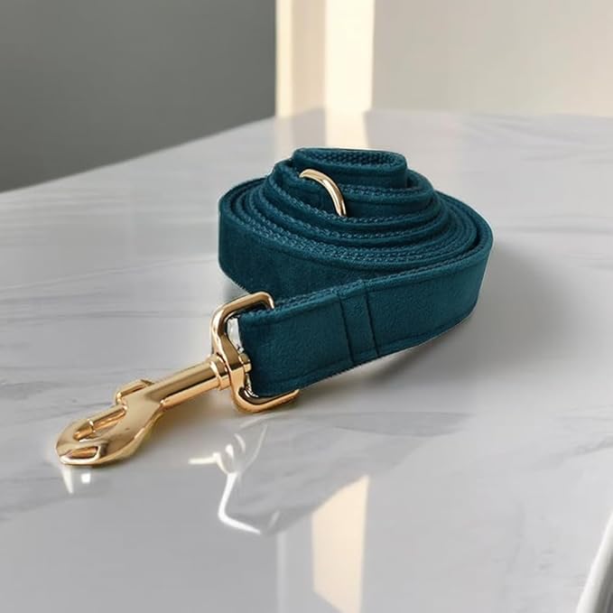 Love Dream Velvet Dog Collar and Leash Set, Soft & Comfy Adjustable Dog Leash and Collar with Heavy Duty Metal Buckle for Small Medium Large Dogs Training & Walking (Medium, Peacock Green)