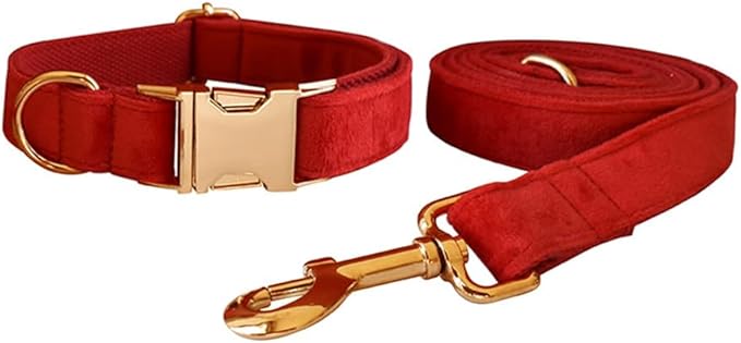 Love Dream Velvet Dog Collar and Leash Set, Soft & Comfy Adjustable Dog Leash and Collar with Heavy Duty Metal Buckle for Small Medium Large Dogs Training & Walking (Small, Red)