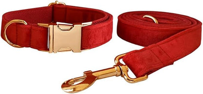 Love Dream Velvet Dog Collar and Leash Set, Soft & Comfy Adjustable Dog Leash and Collar with Heavy Duty Metal Buckle for Small Medium Large Dogs Training & Walking (Small, Red)