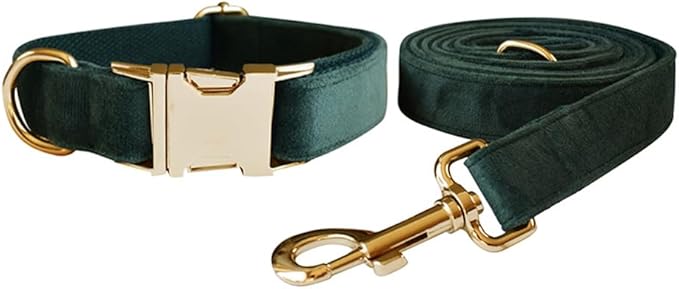 Love Dream Velvet Dog Collar and Leash Set, Soft & Comfy Adjustable Dog Leash and Collar with Heavy Duty Metal Buckle for Small Medium Large Dogs Training & Walking (XLarge, Green)