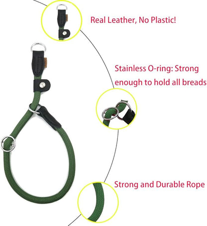 Braided Round Martingale Dog Collar, Training Collar with Slidable Stop Ring and Adjustable Stopper - Ideal for Small Dogs (S(1/4") - 14" Long, Dark Green)