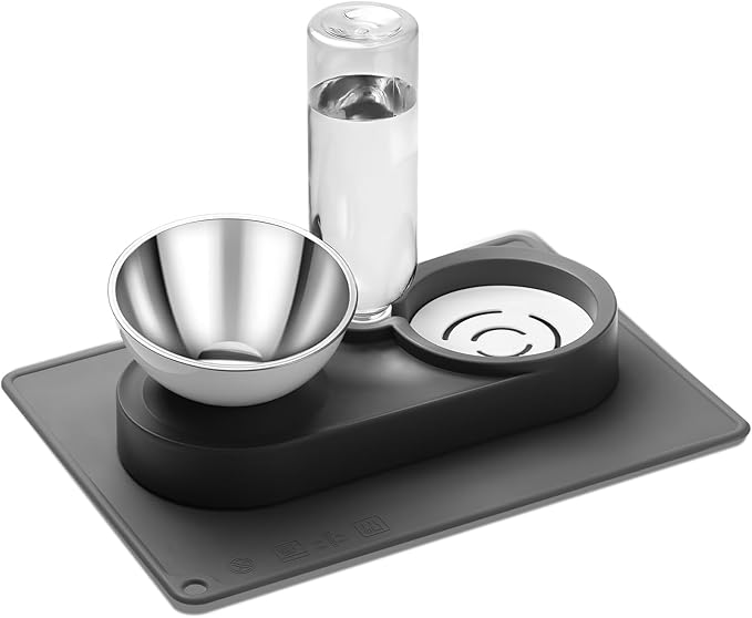 Marchul 2-in-1 Dog Bowl, Elevated Cat Food and Water Bowl with No-Spill Mat, 15° Tilt Stainless Steel Dish + 500ml Leak-Proof Bottle, Easy Clean Design