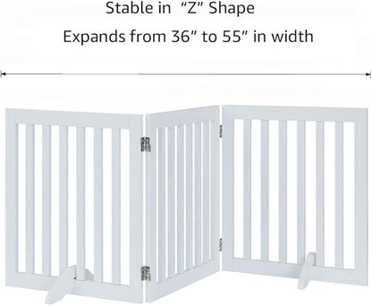 unipaws 24”H Free Standing Pet Gate for Dog Cat, Wooden Gates for Doorway, Stairs, Step Over Foldable Pet Fence for The House, Expandable Dog Barrier, Indoor Use, White