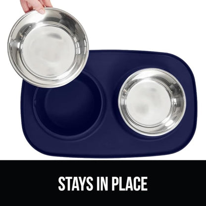 GORILLA GRIP Feeding Mat Bowl Set, 100% Waterproof BPA Free Silicone, 304 Stainless Steel Cat and Dog Bowls for Food and Water, Slip Resistant, High Edge, US Designed, Patent Pending, 1 Cup Navy Blue