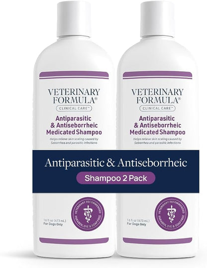 Veterinary Formula Clinical Care Antiparasitic & Antiseborrheic Medicated Dog Shampoo - Helps Support Healthy Skin and Coat, Soothes Flaky, Dry, Greasy Skin - 16 oz (Pack of 2)