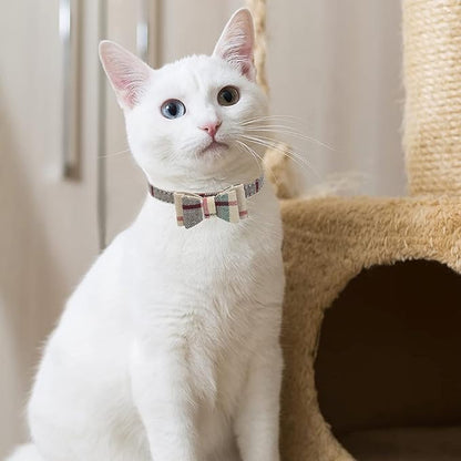 EXPAWLORER Puppy Collar and Leash Set - Embroidery Pawprints Plaid Dog Collar and Dog Leash Set, Bow Tie and Bandana Dog Collar with Bell, Collar and Leash for Dogs Cats Outdoor Walking, Beige S