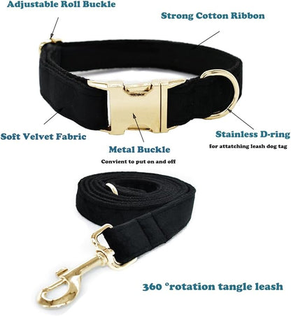 Love Dream Velvet Dog Collar and Leash Set, Soft & Comfy Adjustable Dog Leash and Collar with Heavy Duty Metal Buckle for Small Medium Large Dogs Training & Walking (Small, Black)