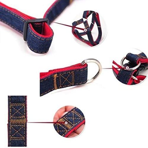 Hypeety Dog Denim Leash Harness Adjustable Heavy Duty Durable Dog Collar No-Pull for Training Walking Running, Good for Large Medium Small Dog (M (10.23"-14.17" Chest Girth))