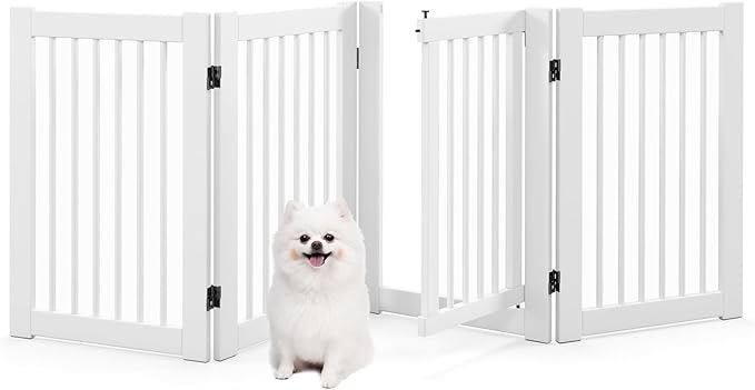 Giantex Dog Gate with Door - 30''H × 80''W Wooden Pet Gate with Walk Through Door, Foldable Freestanding 4 Panels Pet Safety Fence Extra Wide for Doorway Stairs House Deck Yard, White