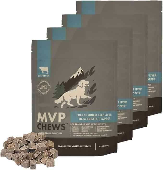 MVPChews | Freeze Dried Beef Liver Dog Treats | Single Ingredient Training Treats | High Protein, Grain Free, No Additives or Fillers | Premium Quality Food Topper | Made in USA - 3.5oz (Pack of 4)
