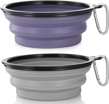 Dog Bowl Large Pet Collapsible Bowls, 2 Pack Collapsible Dog Water Bowls for Cats Dogs Portable Pet Feeding Water Dish for Walking Parking Traveling with 2 Carabiners (Large, Purple & Concrete Gray)