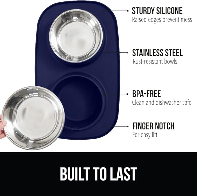 GORILLA GRIP Feeding Mat Bowl Set, 4 Cup 100% Waterproof BPA Free Silicone, 304 Stainless Steel Cat and Dog Bowls for Food and Water, Slip Resistant, High Edge, US Designed, Patent Pending, Navy Blue