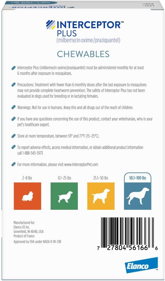 Interceptor Plus Prevention for Heartworm + 4 Other Worms for Dogs 50.1-100 lbs. | 6 Chews, 6-Month Supply