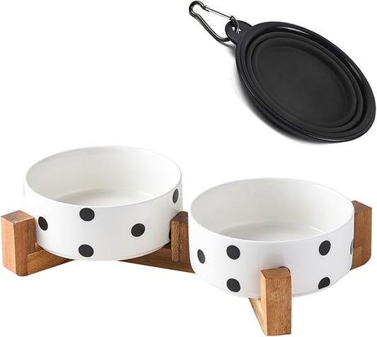 Petygooing Ceramic Dog Bowl Set with Stand,Cat Pet Food and Water Dishes,Small Dog Bowls Anti -Slip Set of 2 Cat Bowls Pet Food Dish Small Size Pet (13.5OZ/5.1 in) Black Dot