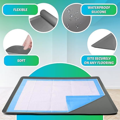 TidyFriend 2 Pk Dog Pee Pad Holder Tray Fits for 27.5” x 44” Pee Pads with Corner Lock Holes, Raised Edges, Non-Spill, Easy to Clean Silicone Dog Potty Tray Holder, for Indoor Floor Protection (Grey)