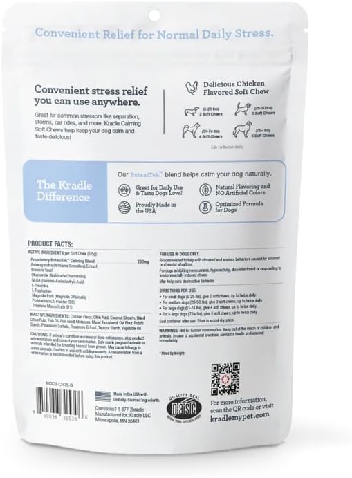 Kradle Calming Chews for Dogs -Vet Formulated with L-Theanine, Ashwagandha and GABA for Managing Normal Stress and Promoting Relaxation - Chicken Flavored Calming Supplement - 75 Soft Chews