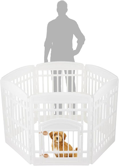 IRIS USA Dog Playpen with Door, 34” 6 Panel Pet Exercise Pen – Indoor Outdoor Puppy Play Pen, Portable Plastic Pet Fence for Small Medium Dogs, Foldable 44” x 63” x 34”, White