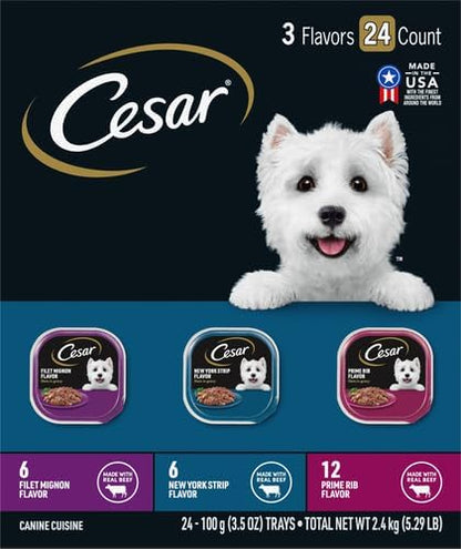Cesar Filets in Gravy Adult Wet Dog Food Variety Package,Filet Mignon,New York Strip and Prime Rib Flavors,3.5 oz. Easy Peel Trays,Variety Pack,24 Count (Pack of 2)