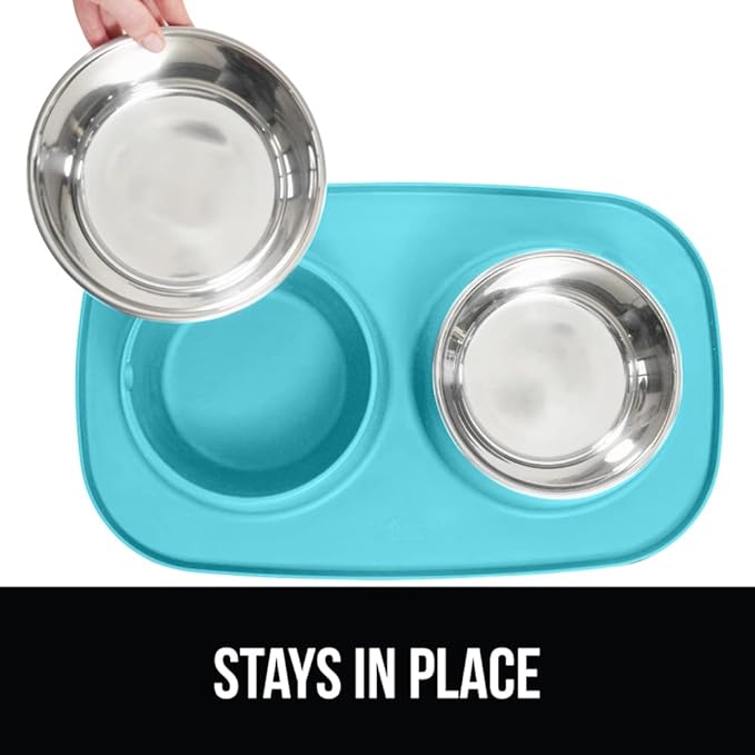 GORILLA GRIP Feeding Mat Bowl Set, 100% Waterproof BPA Free Silicone, 304 Stainless Steel Cat and Dog Bowls for Food and Water, Slip Resistant, High Edge, US Designed, Patent Pending, 2 Cup Turquoise