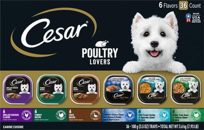Cesar Classic Loaf in Sauce Adult Wet Dog Food Poultry Lovers Variety Pack with Real Chicken,Turkey or Duck,3.5 oz Easy Peel Trays,36 Count (Pack of 2)