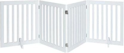unipaws 24”H Free Standing Pet Gate for Dog Cat, Wooden Gates for Doorway, Stairs, Step Over Foldable Pet Fence for The House, Expandable Dog Barrier, Indoor Use, White