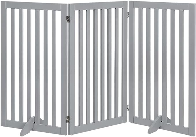 unipaws 36" H Free Standing Pet Gate for Dog Cat, Tall Wooden Dog Gates for Doorway, Stairs, Foldable Pet Fence for The House, Expandable Barrier, Indoor Use, Grey