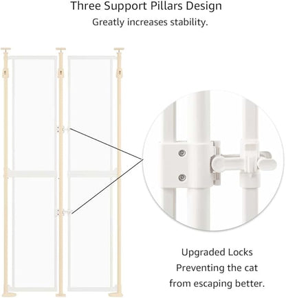 unipaws Transparent Clear Cat Safety Gate, 75"-98" Height and 35"-38" Wide Adjustable, Auto Closing and No Drilling Plus Stable 3 Support Pillars, Extra Tall for Doorway, Stairs, White