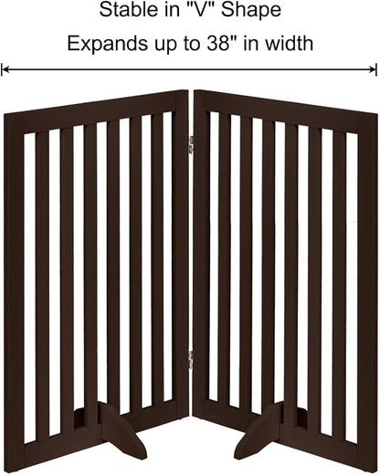 unipaws 36”H Free Standing Pet Gate for Dog and Cat, Wooden Dog Gates for Doorway, Stairs, Room Divider, Step Over Foldable Pet Fence for The House, Expandable Barrier, Indoor Use, Espresso