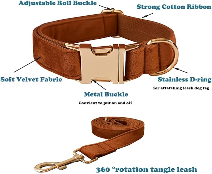 Love Dream Velvet Dog Collar and Leash Set, Soft & Comfy Adjustable Dog Leash and Collar with Heavy Duty Metal Buckle for Small Medium Large Dogs Training & Walking (Large, Copper Red)