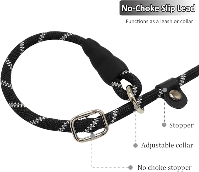 12FT Long Slip Lead Leash, 20ft 30ft 50ft Reflective Rope Training Lead Anti-Choking for Medium Dogs Small Puppy Pets Outdoor- Backyard- Playing- Recall- Traning (Black)