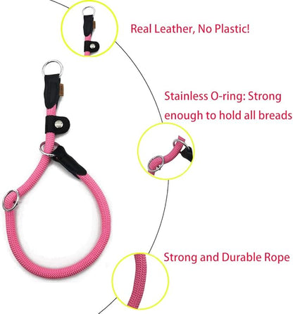 Braided Round Martingale Dog Collar, Training Collar with Slidable Stop Ring and Adjustable Stopper - Ideal for Large Dogs (L(1/2") - 20" Long, Pink)