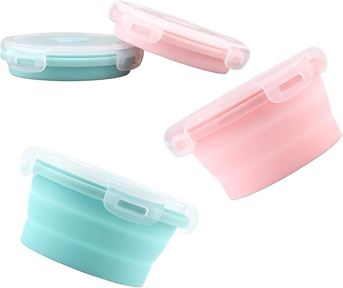 Luter 2 Pieces Collapsible Dog Bowls Silicone Food Water Travel Bowl with Lids Portable Expandable Pet Feeding Watering Cup Dish for Walking Kennels Camping 350ml (12x12x3cm) (Pink & Blue)