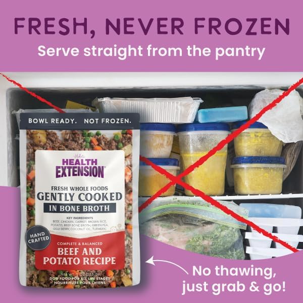 Health Extension Gently Cooked Beef & Potato Dog Food, Human-Grade and Shelf-Stable with Superfoods, Supports Digestion, Immunity, Skin & Coat, 3 oz Pouch (Pack of 20)