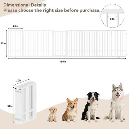SNUOWU Full Metal Freestanding Dog Gate with Door, 32''Height Foldable Pet Dog Fence for Indoor & Outdoor, 8 Panels Extra Wide Free Standing TallDog Gates for Doorways,House,Stairs,Porch,Deck,Yard