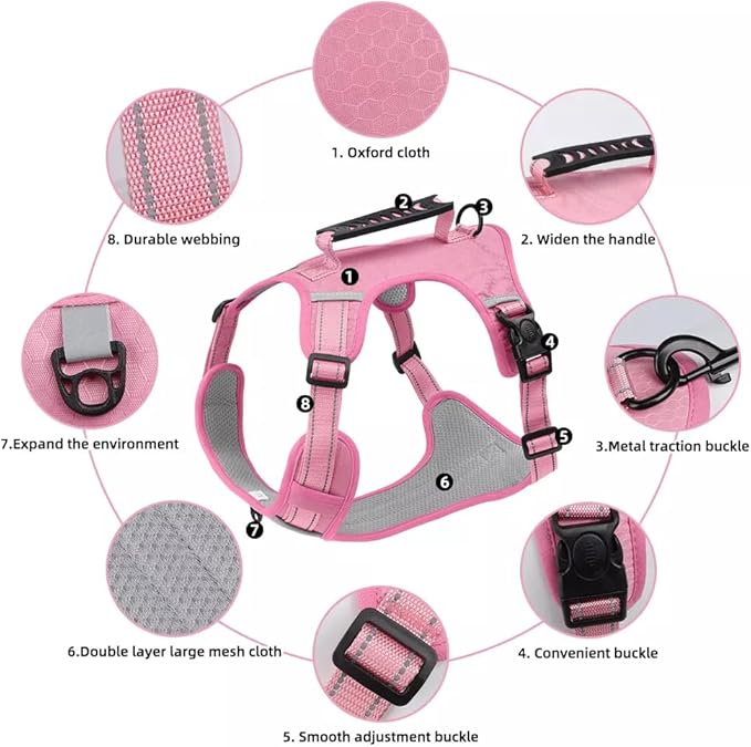 Dog Harness No Pull Adjustable Reflective,for Medium and Large Small Dog with Leash 59.06in (Pink, XL)