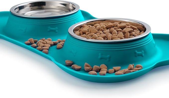 Hubulk Pet Dog Bowls 2 Stainless Steel Dog Bowl with No Spill Non-Skid Silicone Mat + Pet Food Scoop Water and Food Feeder Bowls for Feeding Small Medium Large Dogs Cats Puppies (Small, Green)