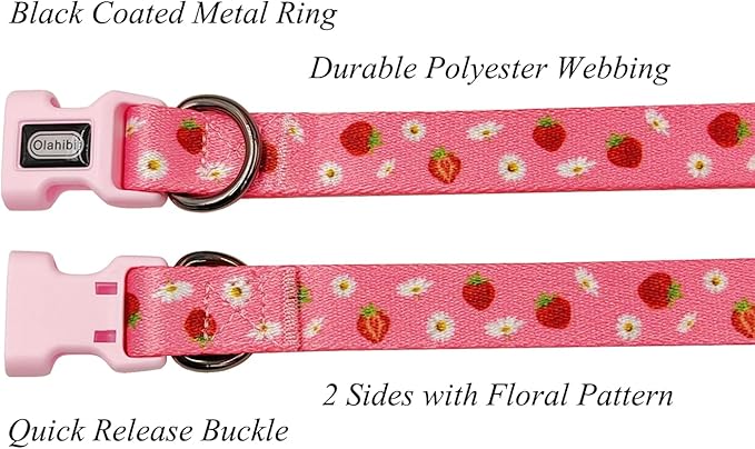 Dog Collar Leash Set, Floral Pattern, Polyester Material, Adjustable Collar and 5ft Matchcing Leash, for Large Dogs.(L, Daisy and Strawberry)