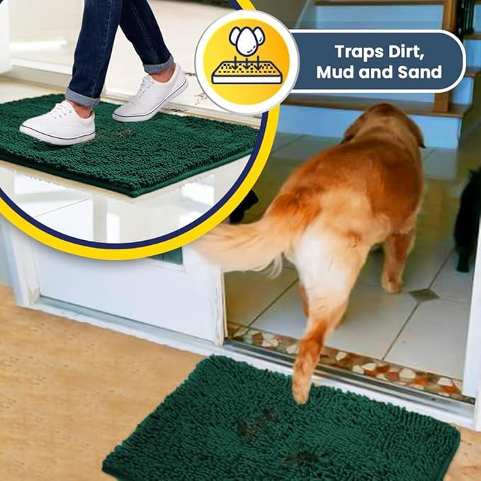 Muddy Mat® | Super Absorbent Door Mat Indoor, Microfiber Quick Dry Chenille Entryway Rug, Non-Slip Front Door Mat, Indoor Mats for Entryway, Machine Washable Pet Rug, Dark Green 24"x36"