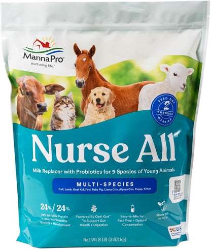 Manna Pro Nurse All Multi-Species Milk Replacer, Powered by Opti-Gut™ to Support Gut Health & Digestion, All-Milk Protein, Easy-To-Mix Formula, 8 Pounds