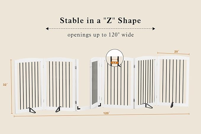 PUPETPO Freestanding Pet Gate with Door, Tall Dog Gate for House, Extra Wide, Pet Puppy Safety Fence, Support Feet Included, 120 Inch Wide, 6 Panels 32" Tall, White & Black