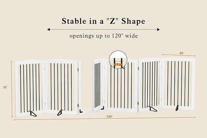 PUPETPO Freestanding Pet Gate with Door, Tall Dog Gate for House, Extra Wide, Pet Puppy Safety Fence, Support Feet Included, 120 Inch Wide, 6 Panels 32" Tall, White & Black