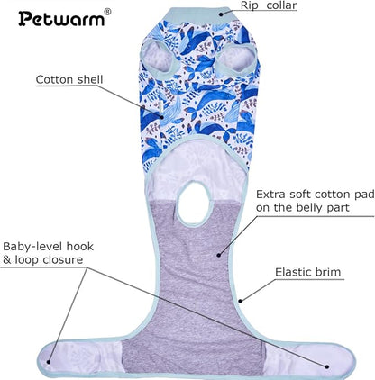 PetWarm Dog Surgery Suit, Cone of Shame Alternatives, Anti-Licking Surgical Recovery Pajamas for Dogs, Female Male Onesie for Dogs Spay Neuter, Dog Recovery Suit, Marine Animal Patterns, Blue, M