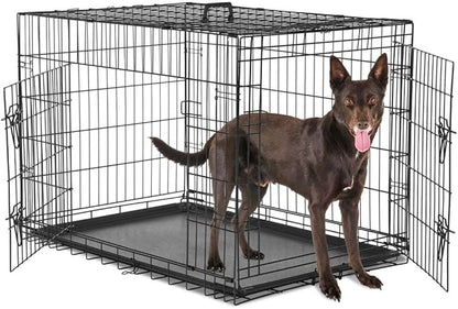 Dog Crate Kennel, 36 Inch Metal Pet Cage Double Door W/Divider Panel, Folding Travel Indoor Outdoor Dog Kennel Leak-Proof Plastic Tray Wire Animal Cage