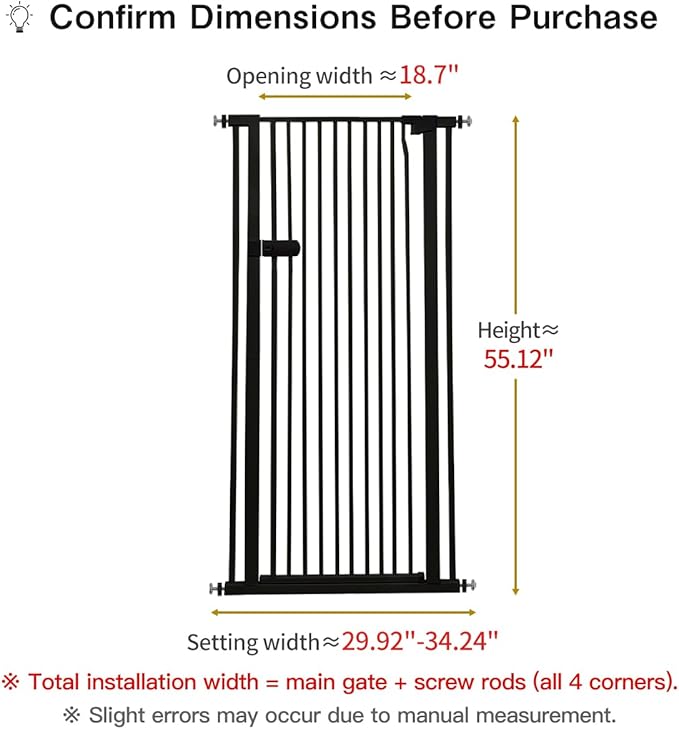 Lumizone Extra Tall Cat Gate 55.12" High Pressure Mounted Extra Wide 2025 New (17 Sizes) 1.37" Gap No Drilling Auto-Close One-Handed Operation Tall Pet Gate for Dogs(Black, 55.12" H x 29.92"-34.24" W)