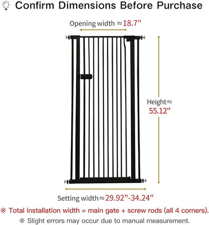 Lumizone Extra Tall Cat Gate 55.12" High Pressure Mounted Extra Wide 2025 New (17 Sizes) 1.37" Gap No Drilling Auto-Close One-Handed Operation Tall Pet Gate for Dogs(Black, 55.12" H x 29.92"-34.24" W)