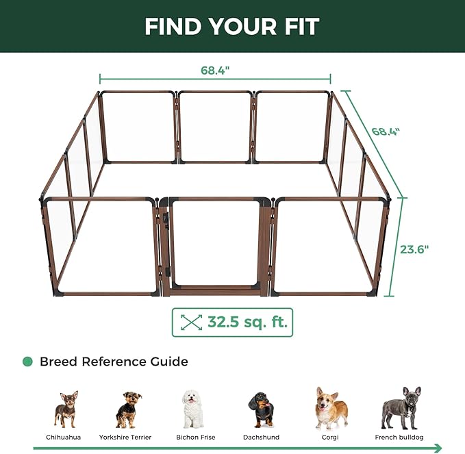 FXW AuraSpace Pro Acrylic Indoor Dog Playpen, Heavy-Duty with Metal Frame, 24" Height 12 Panels for Puppies & Small Dogs,Walnut│Patented