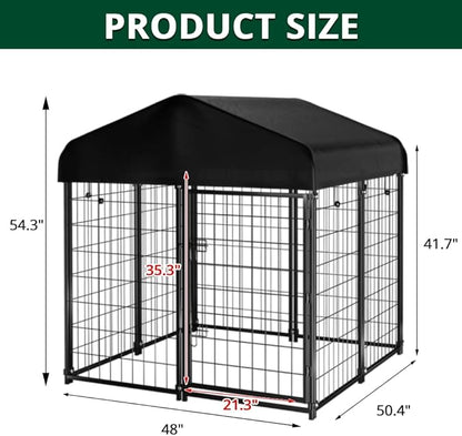 Dog Kennel Outdoor with Roof, 4'x4.2'x4.5' Welded Wire Dog Enclosures for Outside, Heavy Duty Dog Crate with UV-Resistant Waterproof Cover